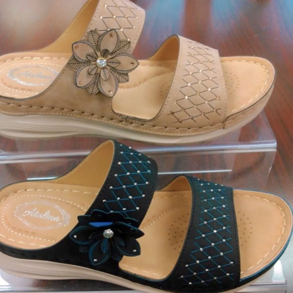 Italina Tan Comfort Flower Rosette Slip-On Wedge Heel Padded Slide Sandal - Picture 2 of 4
